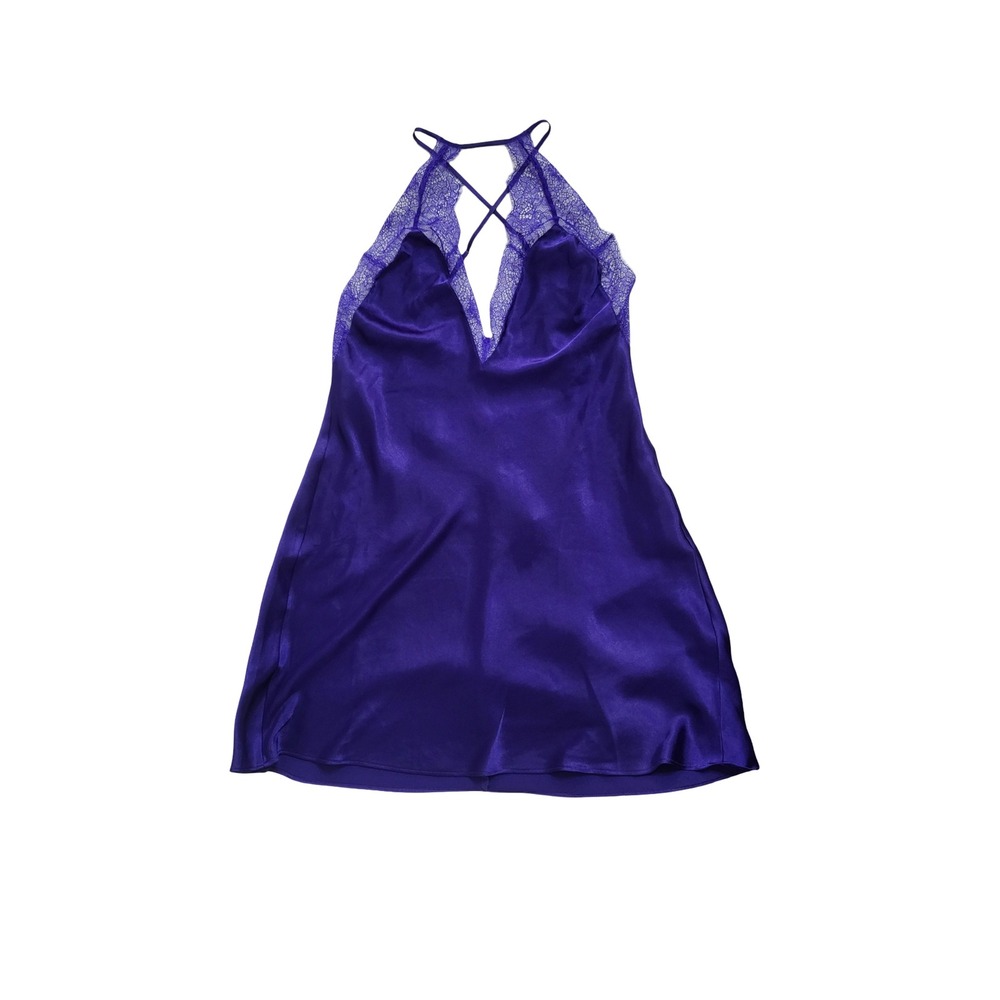 Victorias Secret Purple Satin Lace Trim Slip Dress Nightgown Small S/P NEW